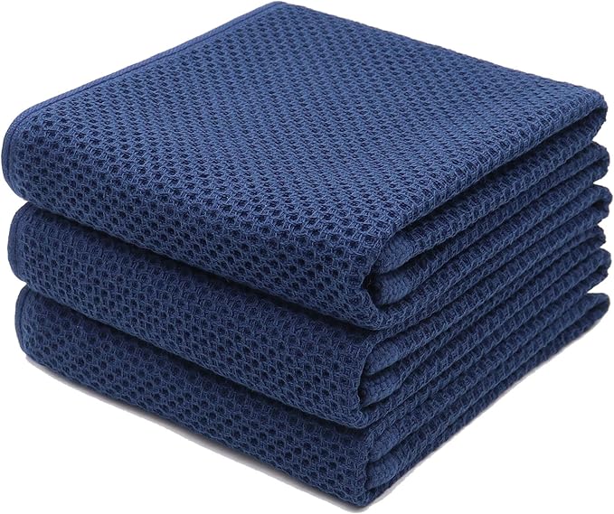 Mia'sDream Cotton Hand Towels for Bathroom, Waffle Weave Bath Guest Gym Towels, Soft and Absorbent Kitchen Towels Set Tea Towels, 13inch x 28inch 3 Pack (Navy Blue)