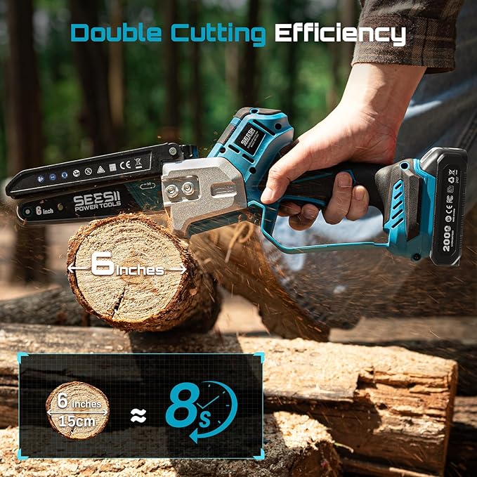 SEESII Brushless Mini Chainsaw 6 Inch, Handheld Saw with 2 * 2000 mAh Batteries, Cordless Chainsaw with Automatic Oiler, Compatible with Makita 18V Battery, Electric Saw for Tree Limb Branch Cutter