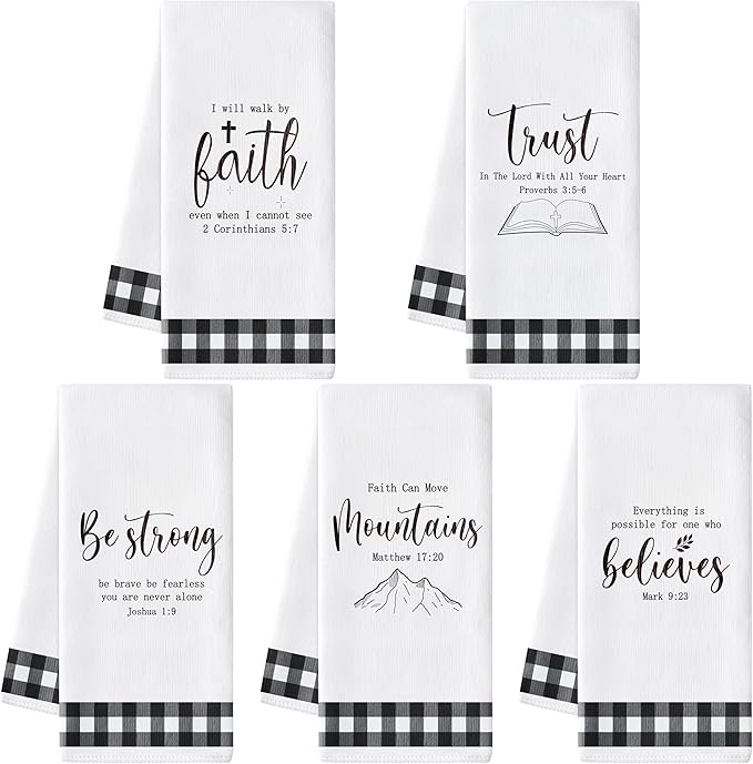R HORSE Religious Christian Kitchen Dish Towel 5Pcs Bible Verse Scripture Kitchen Cleaning Dishcloth, Black and White Check Absorbent Hand Towel for Women Men Religious Housewarming Gift