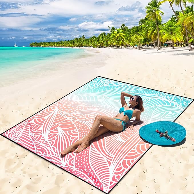 WIWIGO Beach Blanket Waterproof Sandproof Beach Mat 79" X 83"/10'x9'for 2-8 Adults Quick Drying Outdoor Picnic Mat Beach Accessories for Travel, Camping, Hiking
