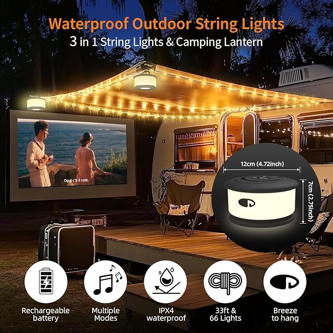 TOHETO Camping String Lights, 3 in 1 Upgraded Retractable RGB Outdoor String Lights with 19 Lighting Modes, Quick 30s Recovery, 32.8 FT Portable Tent Lights, Rechargeable Camping Lantern (Black)