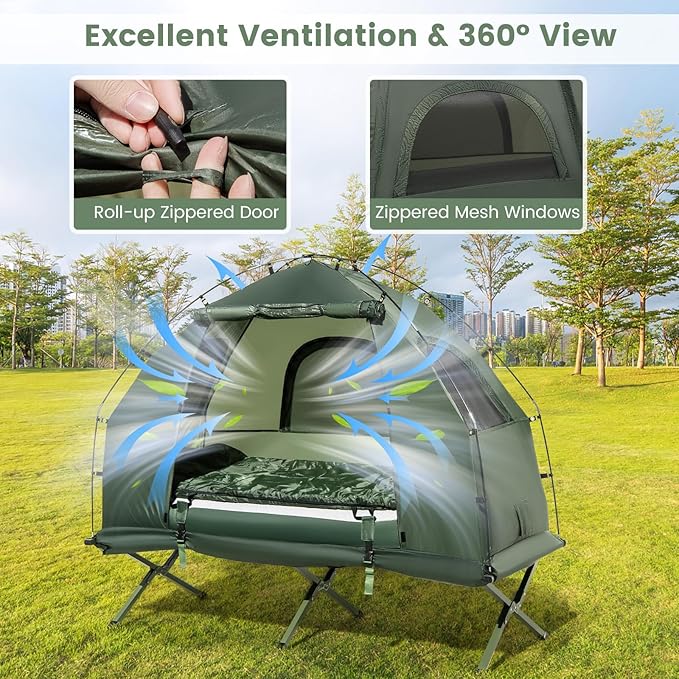 LDAILY Camping Tent Cot, 5 in 1 Off Ground Elevated Tent with Air Mattress, Sleeping Bag & Pillow, Folding Camping Cot Combo with Carrying Bag for Outdoor Hiking, RV, Picnic, Field Backyard (1 Person)