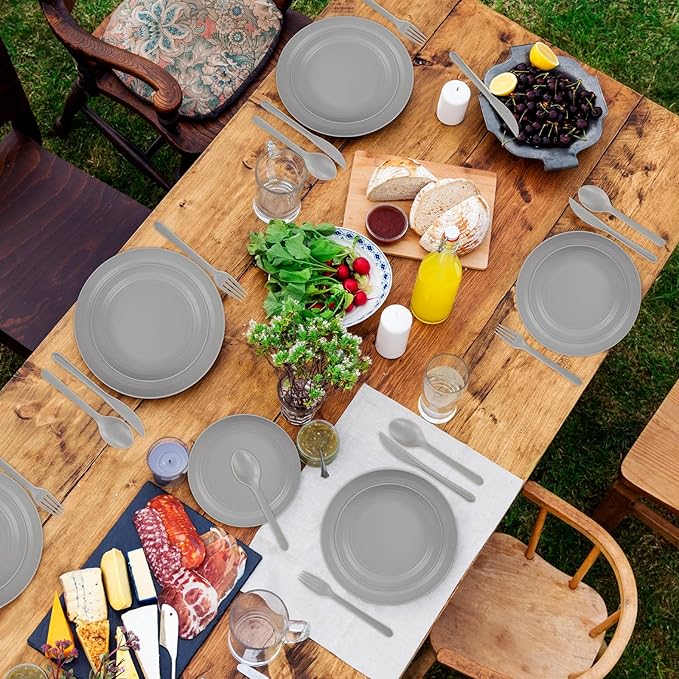 LIYH 28 Pcs Kitchen Plates and Bowls Set, Wheat Straw Dinnerware Sets, Unbreakable Plates and Bowls Sets for 4, Reusable Plate Wheat Straw Dishes Set for Daily & Camping, Light Grey Kitchen Decor