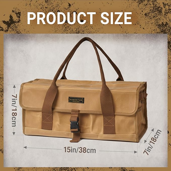 Waxed Canvas Camping Tool Bag, Camping Essentials Multi-purpose 12L Outdoor Storage Bag with Secure Flip Cover, Tent Stakes Hammer Multi-Container Organizer, Khaki