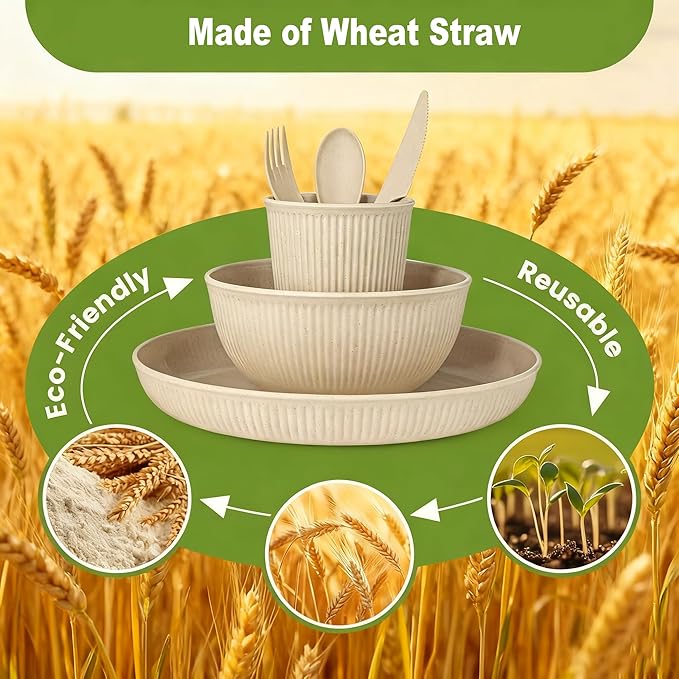 36-Piece Reusable Wheat Straw Dinnerware Sets for 6, Farielyn-X Unbreakable Reusable Set Kitchen Cups, Plates, Bowls Sets & Cultery Dishwasher Microwave Safe - Patio, Outdoors, RV, Camping Dishes