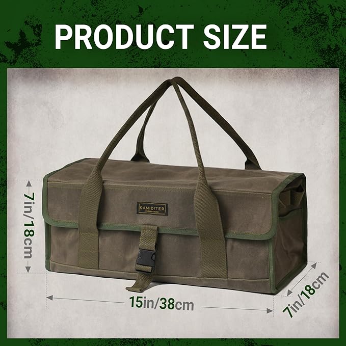 Camping Gear Bag, Camp Kitchen Organizer Buckle-closure Outdoor Cookware Tool Bag with 4 Hanging Holes & Dedicated Tent Stake Compartment, BBQ Accessories Soft Case Container, Army Green