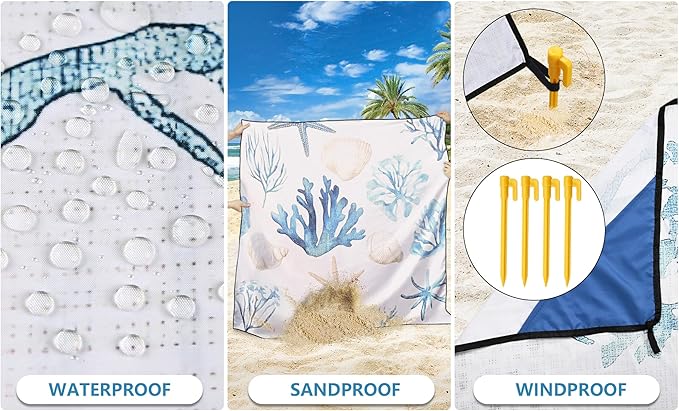 WIWIGO Beach Blanket Waterproof Sandproof Beach Mat 79" X 83"/10'x9'for 2-8 Adults Quick Drying Outdoor Picnic Mat Beach Accessories for Travel, Camping, Hiking