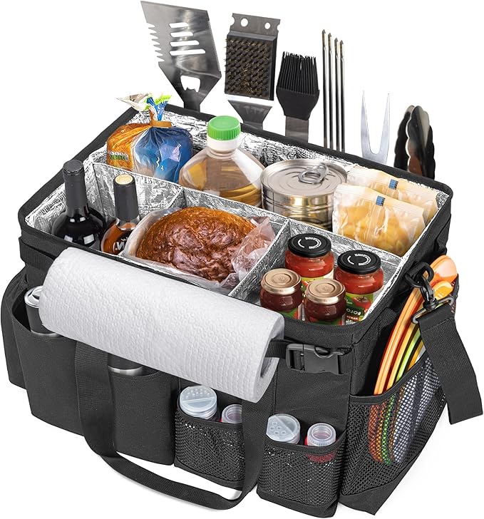 HODRANT Large Grill Utensil Caddy with Paper Towel Holder, Outdoor Picnic Bag Organizer for BBQ Supplies Tool, Tailgating Accessory Basket Camping Gear Must Haves for Cook Essentials, Black, Bag Only