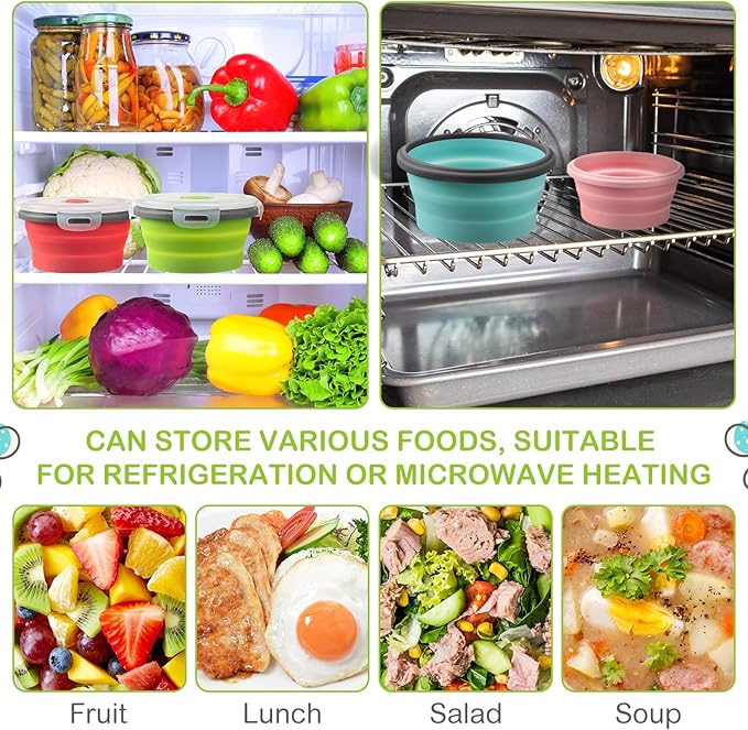 Suclain 4 Pcs Collapsible Bowls with Lids Silicone Camping Food Storage Container Expandable Folding Salad Lunch Box Travel Container for Hiking Camping
