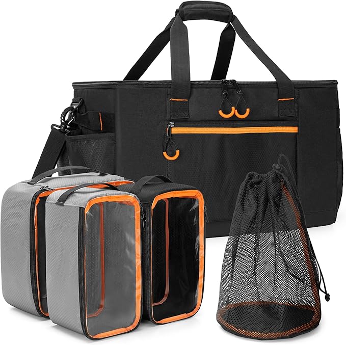 GRAOSO Camping Gear Organizer, 3 Pcs Camping Packing Cubes and 1 Pcs Mesh Pocket with Carrying Bag for Kitchen Supplies, 5-in-one Tactical Travel Storage with Transparent Window for Car Trunk, 45L