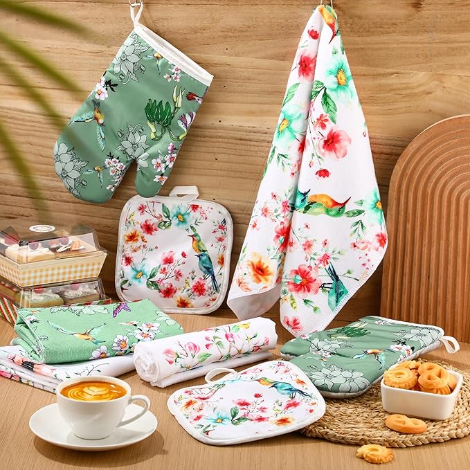 Hahafelt 8 Pcs Birds Kitchen Gift Dish Towel Pot Holder Oven Mitt Set 4 Tent Car Tea Towels with Funny Sayings Novelty 2 Oven Mitts 2 Pot Holders Coffee Accessories Decor for Rv