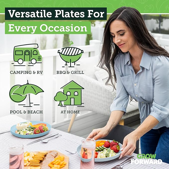 Grow Forward Premium Wheat Straw Plates - 10 Inch Reusable Hard Plastic Dinner Plates Set of 8 - Unbreakable Microwave Safe Plates for Dessert, Camping, RV, Outdoors, Patio, Kitchen Dishes - Seascape