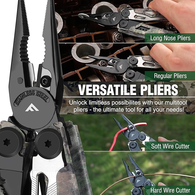 FLISSA Multitool, 18 in 1 Camo Multitool Pliers with Fire Starter, Window Breaker, Whistle, Stainless Steel EDC Gear with Sheath - Perfect for Survival, Simple Repair, Camping