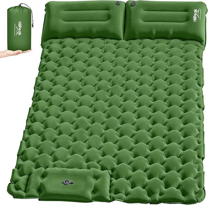 HiiPeak Double Sleeping Pad for Camping - Suede Top Camping Mattress with Pillow, Built-in Foot Pump, Compact Inflatable 2-Person Portable Mat for Backpacking, Hiking, Car Traveling, Beach, Tent
