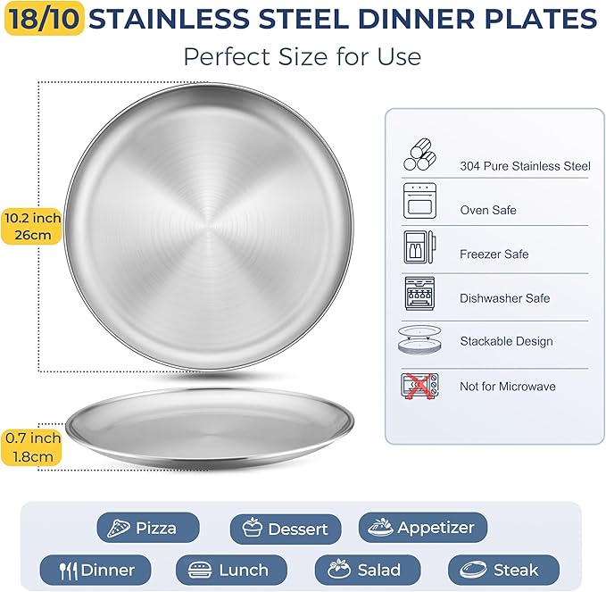 Homikit 6 Pack Stainless Steel Plate Set, 10.2 Inch Metal Kids Dinner Plates for Children Adult, Round Camping Plates for Serving Dishes Dessert Salad, Non Toxic & Reusable, Dishwasher Safe