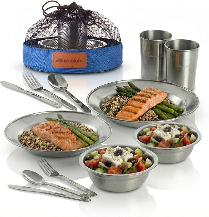 Unique Complete Messware Kit Polished Stainless Steel Dishes Set| Tableware| Dinnerware| Camping| Includes - Cups | Plates| Bowls| Cutlery| Comes in Mesh Bags