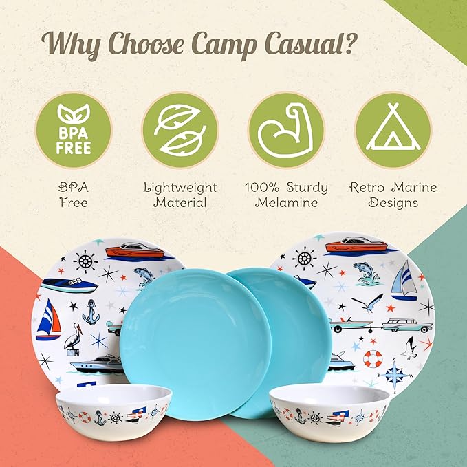 Melamine Dinnerware Sets - 6-pc Marine Dish Set - 2 Bowls, 2 Salad & 2 Dinner Melamine Plates for Indoor & Outdoor - BPA Free, Dishwasher Safe, Shatter-Res Dinnerware Set - Camping Dishes, Camp Casual