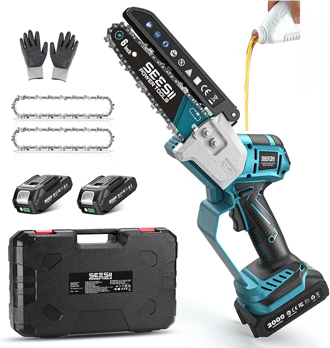 SEESII Brushless Mini Chainsaw 6 Inch, Handheld Saw with 2 * 2000 mAh Batteries, Cordless Chainsaw with Automatic Oiler, Compatible with Makita 18V Battery, Electric Saw for Tree Limb Branch Cutter