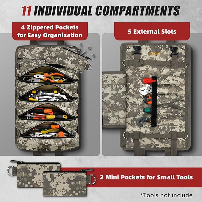 Tool Bag Roll Up, UUP Heavy Duty Rolled Empty Tool Storage Organizing, Portable Tool Roll Container with 2 Detachable Pockets, Folding Tool Holder, Father Day Dad Men Electrician Gift, Camouflage