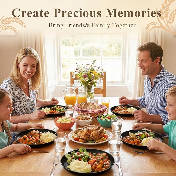 Dinner Plates Set 10 Inch, Unbreakable Wheat Straw Plates 8 PCS, Alternatives to Plastic Plates Rusable, Microwave Safe Salad Plates for Breakfast, Lunch, Dinner - Black