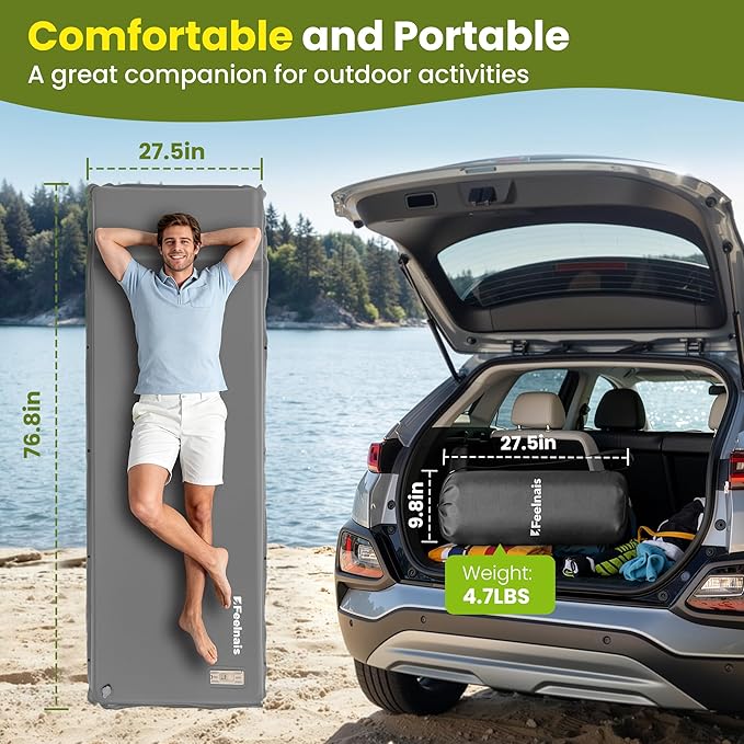 Self Inflating Sleeping Pad with Electric Pump, Memory Foam Camping Pad with Built-in Pillow, 4 Season Camping Mattress Pad, Camping Essentials Gear for Tent, Car, Hiking - Gray