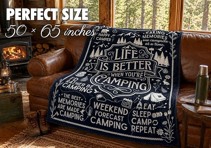 Camping Gifts for Women Men Lovers Throw Blanket, Happy Campers Decor Outdoor, RV Campsite Travel Hiking - Life, 50" x 65"