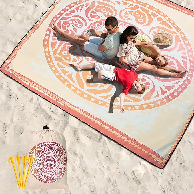 WIWIGO Beach Blanket Waterproof Sandproof Beach Mat 79" X 83"/10'x9'for 2-8 Adults Quick Drying Outdoor Picnic Mat Beach Accessories for Travel, Camping, Hiking