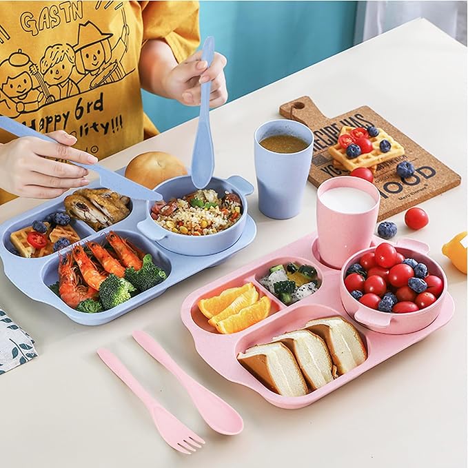 Unbreakable Dinnerware Sets for 4 People,24pcs Divided Plates and Bowls, Reusable Dinnerware Plastic Plates, Cups, Bowls, Cutlery Set for School Party, Camping, Home, Office
