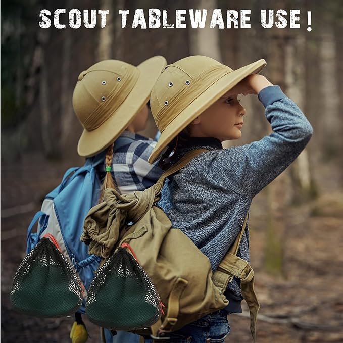 Scout Camping Mess Kit for Person Boy Scout Dishes Set Girl Scout Mess Kit with Mesh Bag Reusable Light Weight Eating Utensils Plastic Camping Cutlery Set for Travel Camp