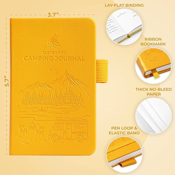 Clever Fox Camping Journal Pocket – Camping Log Book & Outdoor Adventure Journal – RV Travel Log Book – Gifts, Accessories & RV Essentials for Travel Trailers, 14 Trips, 3.7x5.7” (Amber Yellow)