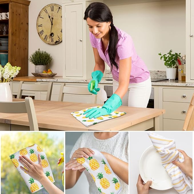 R HORSE 5Pcs Pineapple Kitchen Dish Towel Set Fruit Theme Absorbent Drying Cloth Dish Tea Towels Fingertip Bar Hand Dishcloths Holiday Spring Summer Decor for Bathroom Kitchen Home Supplies