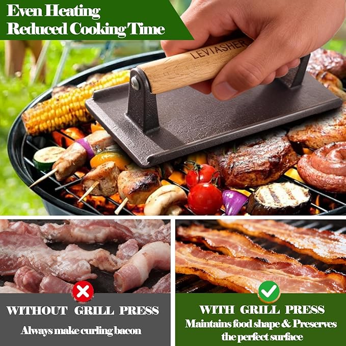 2.1lb Steak Weight & Burger Press, Striped Base, 7"X4" Rectangle Heavy Duty Cast Iron Grill Press with Wood Handle for Blackstone, Chef, Camp, Panini, Vegetable, Bacon, Sandwich, BBQ
