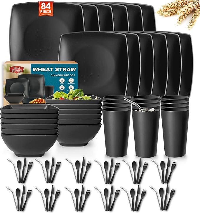 Teivio 84-piece With Flatware Kitchen Plastic Wheat Straw Square Dinnerware Set for 12, Unbreakable Dinner Plates, Snack Bowls, Tumblers 13.5 oz,Stainless Steel Metal Straws,Dishwasher Safe, Black