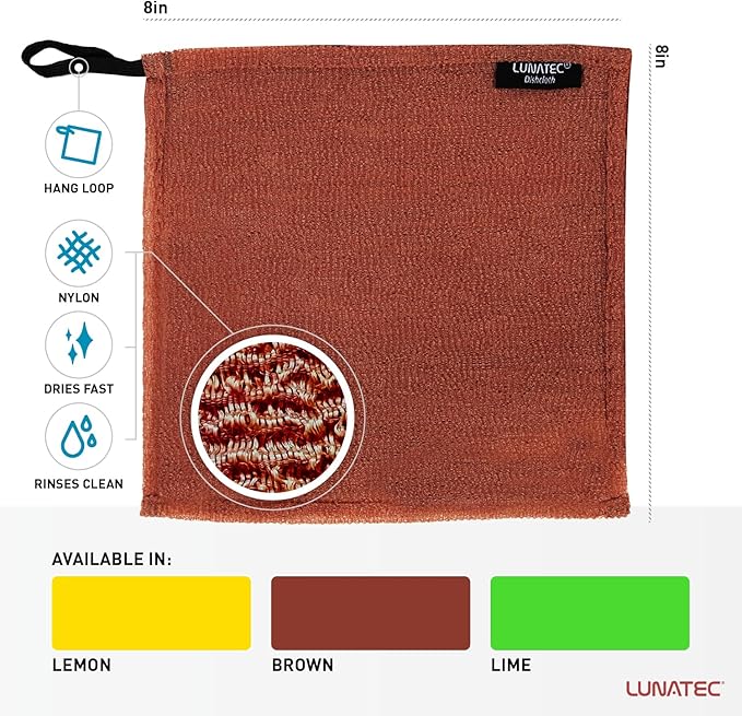 Lunatec® Odor-Free Kitchen Dishcloths. A Scrubber and scouring pad for All Surfaces. Safe for Non-Stick. (6-Pack)