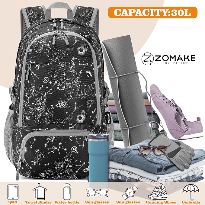 ZOMAKE Lightweight Packable Backpack 30L, Foldable Hiking Backpacks Water Resistant Compact Folding Daypack for Travel(Starry sky print)