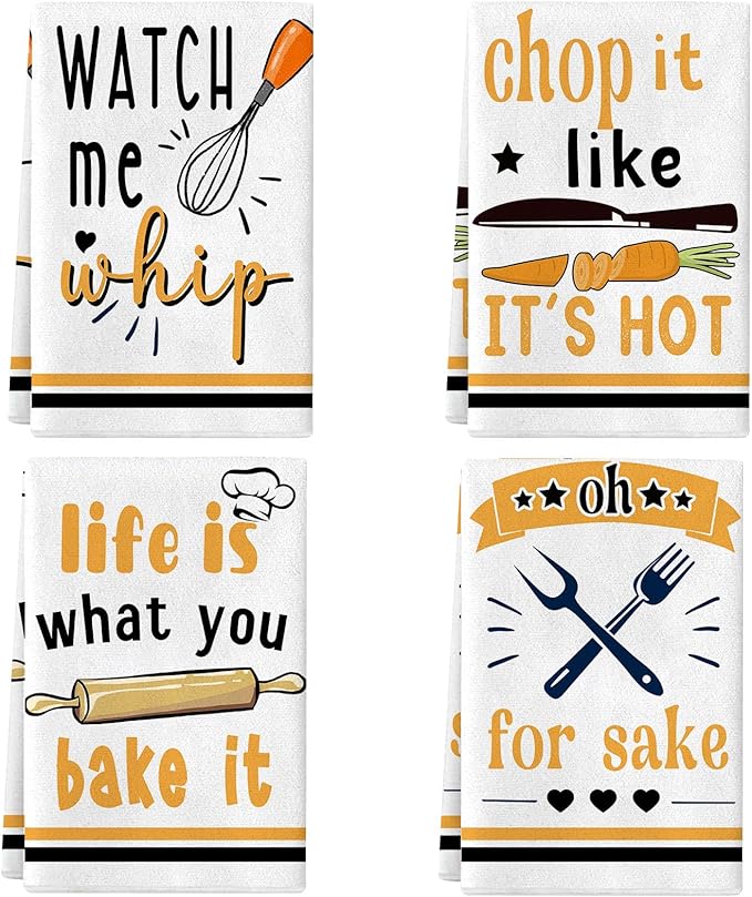 Funny Kitchen Towels and Dishcloths Sets of 4 Kitchen Towels Egg Beater Rolling Pin Absorbent Drying Tea Dish Towel for Cooking Baking Home Decorations,16 x 24 Inch