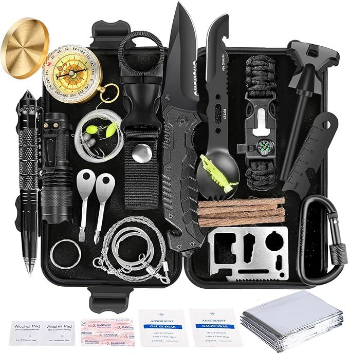 Angieast Survival Kit 35 in 1, First Aid Kit, Survival Gear, Survival Tool Gifts for Men Boyfriend Him Husband Christmas Camping, Hiking, Hunting, Fishing