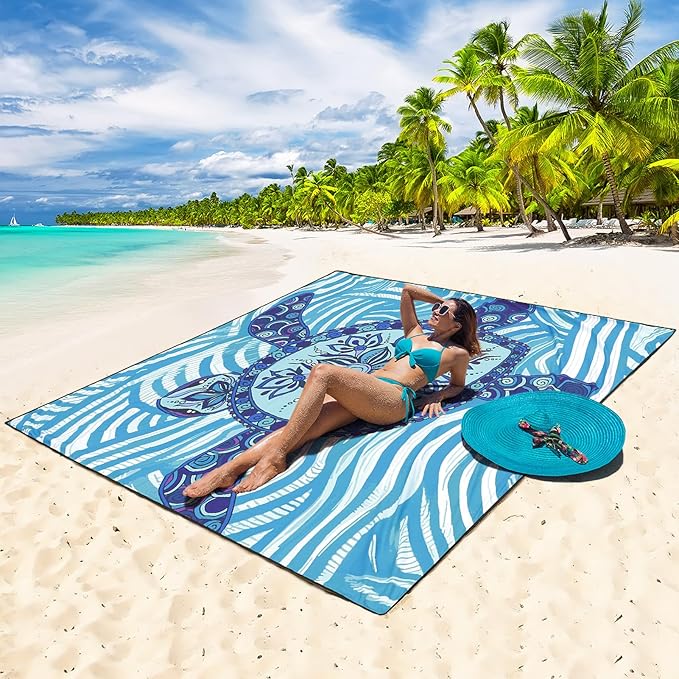 WIWIGO Beach Blanket Waterproof Sandproof Beach Mat 79" X 83"/10'x9'for 2-8 Adults Quick Drying Outdoor Picnic Mat Beach Accessories for Travel, Camping, Hiking