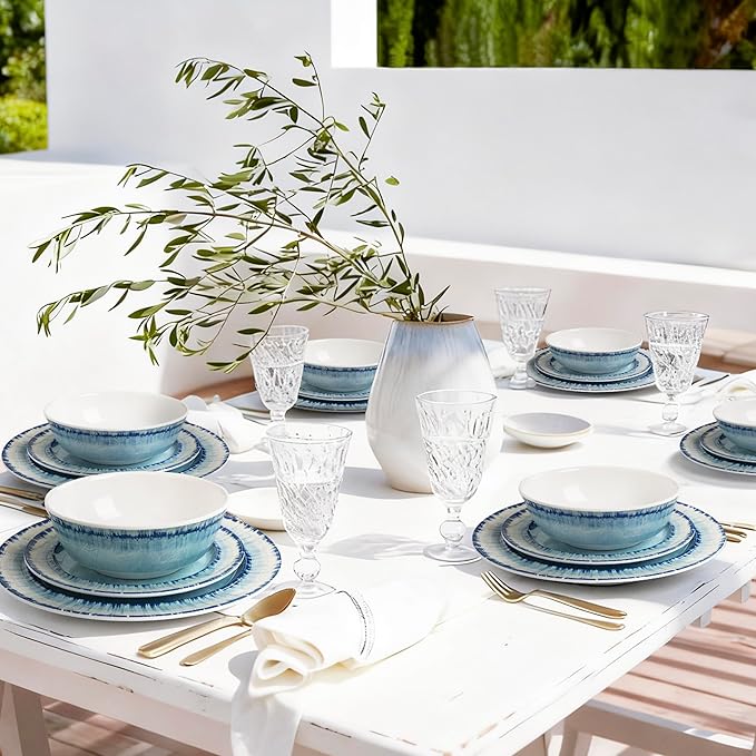 AELS Melamine Dinnerware Set of 18 Pcs Dinner Dishes Set, Lightweight Unbreakable for Indoor and Outdoor Use, BPA Free, Dishwasher Safe, Light Blue