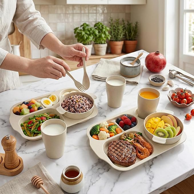 24 PCS Wheat Straw Dinnerware Set for Kids Divided Plates Bowls Cup Cutlery Sets, Reusable Tableware Set Microwave Dishwasher Safe for School Party, Camping, Home