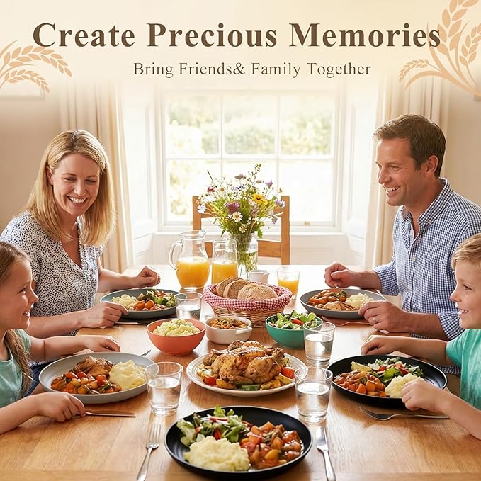 Salad Plates Set for 8, Unbreakable Wheat Straw Plates 9 Inch, Round Dinner Plates for Camping, Picnic, Travel, Microwavable Kitchen Plates for Vegetable, Charcuterie, Pizza - BlackGrey