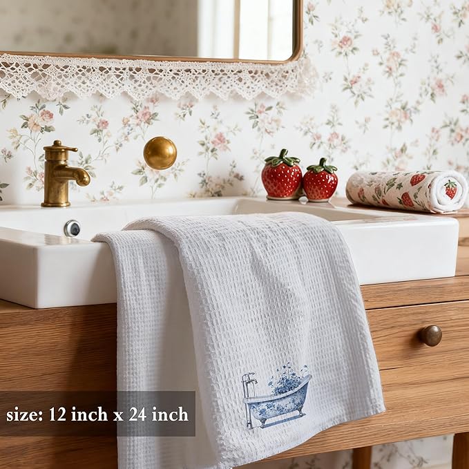 Blue Hand Towels for Bathroom 16x24, Chinoiserie Floral Hand Towel,Grandmillennial Aesthetic Flower Bathtub Decorative Hand Towels for Bathroom Washroom Spa Dorm Kitchen