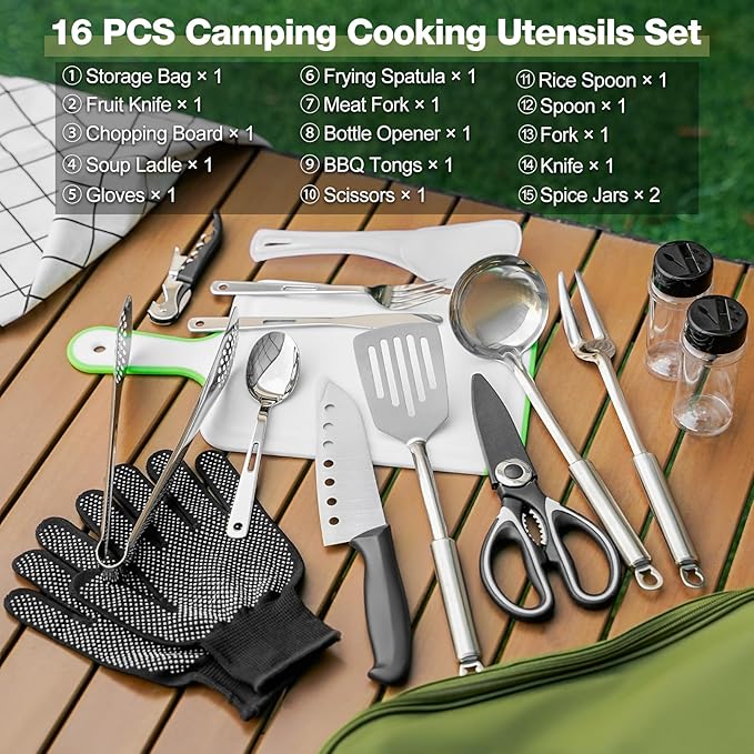 Portable Camping Utensil Set, 16 Piece Cookware Kit, Outdoor Cooking and Grilling Utensil Organizer Travel Set Perfect for Picnic, RV, Tailgating, Camping, Hiking, CT606