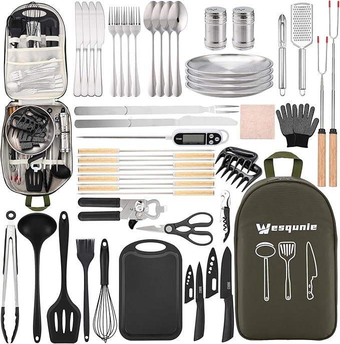 Wesqunie Camping Essentials Cookware Cooking Utensils Set - Portable Camp Kitchen Mess Kit Outdoor Accessories, Stainless Steel & Silicone, Camping Gear Equipment for RV Picnic Grill, 50PCS Green