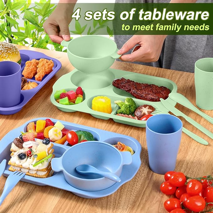 24 Pcs Wheat Straw Dinnerware Cutlery Set for Aldult Including Divided Plates Microwave Dishwasher Safe Bowl Unbreakable Tableware Straw Cutlery Spoon Knife Fork(Assorted Color)