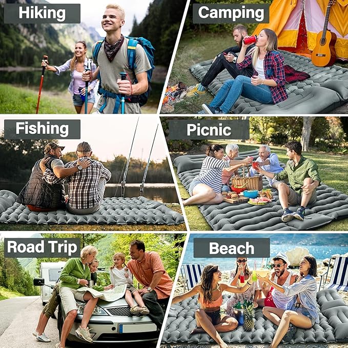 Yuzonc Double Camping Sleeping Pad – 4" Ultra-Thick Foot-Pump Design, Lightweight 2-Person Inflatable Sleeping Mat with Pillow for Backpacking, Hiking, Travel, Tent – Gray