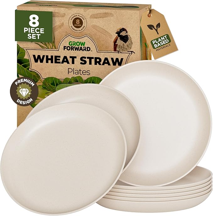 Grow Forward Premium Wheat Straw Plates - 8 Inch Reusable Hard Plastic Dinner Plates Set of 8 - Unbreakable Microwave Safe Plates for Dessert, Camping, RV, Outdoors, Patio, Kitchen Dishes - Sahara