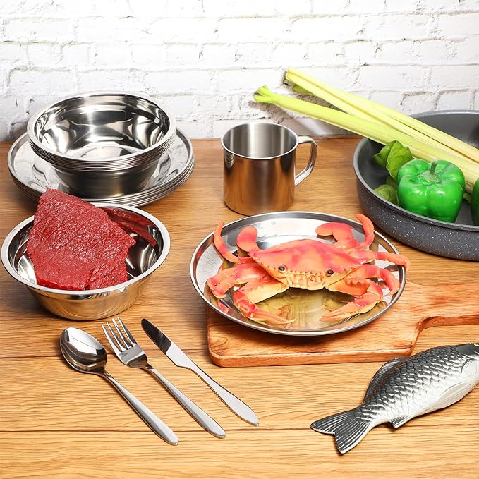 58 Pcs Camping Plates Cups and Bowls Set, Stainless Steel Dishes Mess Kit Utensils Tableware with Spoons Forks Knives Storage Bags for 8 Person Outdoor Camping Backpacking Hiking Travel Picnic