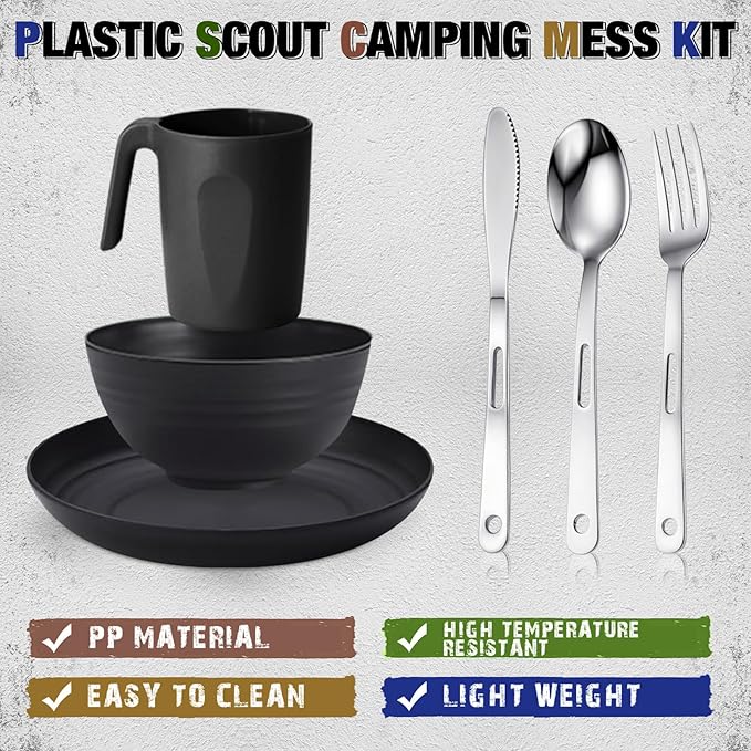 Scout Camping Mess Kit for Person Boy Scout Dishes Set Girl Scout Mess Kit with Mesh Bag Reusable Light Weight Eating Utensils Plastic Camping Cutlery Set for Travel Camp