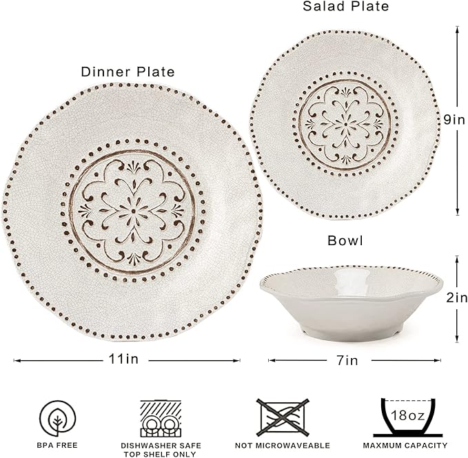 LEHAHA Beaded Crackle 12 Piece Melamine Camping Dinnerware Set, Plates and Bowls Sets, Indoor and Outdoor Use, Break-Resistant Rustic RV Dishes Set, Service for 4(Ivory)…
